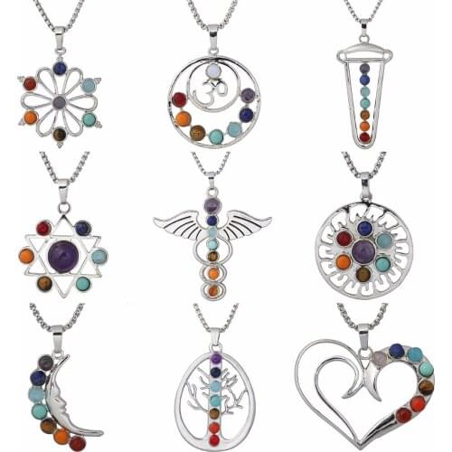 SUNYIK 7 Chakra Stone Flower Heart Moon Cross Healing Reiki Pendant Fit Necklace Yoga Jewerlry (Free Chain)
