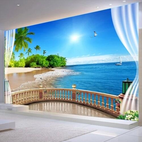 Custom 3D Poster Photo Wall Painting Balcony Window Sea View Large Mural Beach Landscape Living Room Bedroom Decor Wallpaper 3D