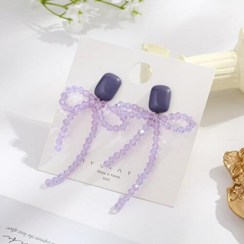 Purple Beaded Bow-Knot Clip Earrings Tassel Beaded Acrylic Romantic Ear Clip Square Women Valentine Earrings Clip Summer Girl