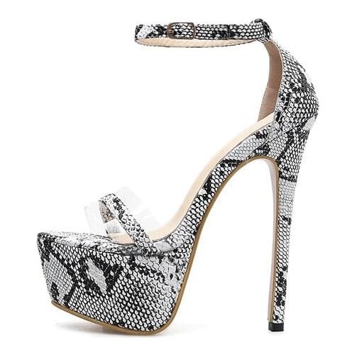 Carpaton Fashion Big Size Snakeskin leather Sandals Woman 2019 Super High 16cm Thin Heels Platform Summer Shoe Lady Summer Heels