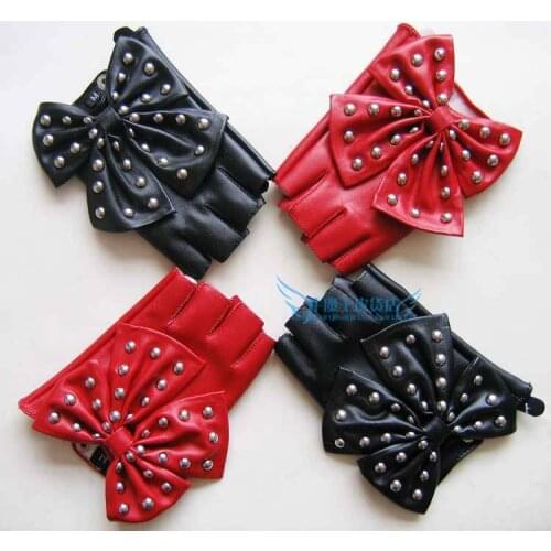 Womens Fashion Rivet Big Bow Semi-finger PU Faux Leather Gloves, Super Cool Studded Bow Open Toe Gloves