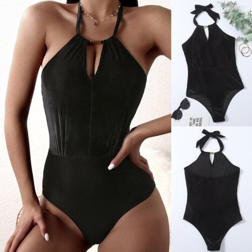 WomenS New Fashion Swimsuit Women Push Up Velvet Metal Buckle Hanging Neck Open Back Swimsuit Woman One Piece Bikini Swimsuit