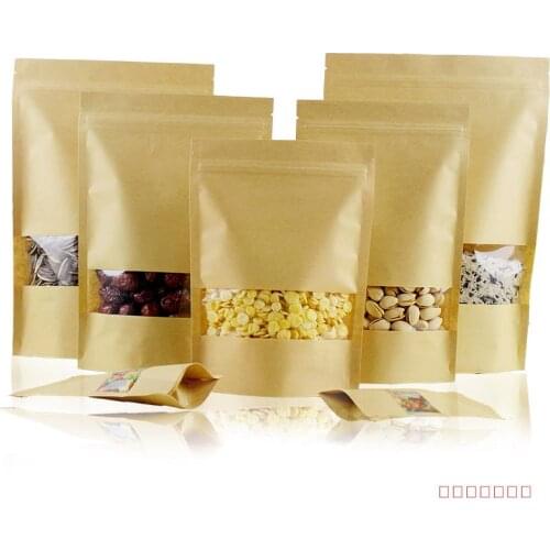 500Pcs/lot 13 Size Stand Up Doypack Zipper Kraft Paper Package With Clear Window Bag Food Storage Resealable Self seal Pouch
