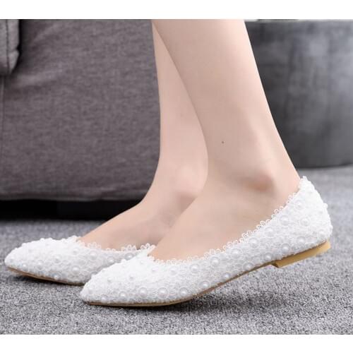 White lace pearls flats shoes woman handmade plus size bridal brides wedding shoe dancing party dinner ceremony lace shoes woman