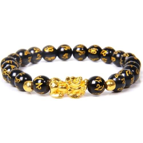 Obsidian Bracelets Men Gold Pixiu Bracelet Pierre Naturelle Stone Beads Bracelet Buddha Six Words Motto Bangle For Women Jewelry
