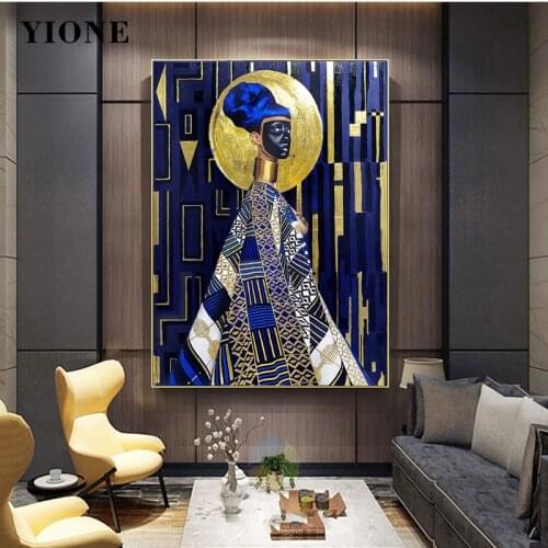 Black Mask Woman Canvas Painting Gold Blue Abstract African Art Luxury Figure Poster Print Wall Picture for Living Room Bedroom