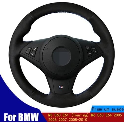 DIY Car Steering Wheel Cover Non-slip Black Suede For BMW M5 E60 E61 (Touring) M6 E63 E64 2005 2006 2007 2008-2010