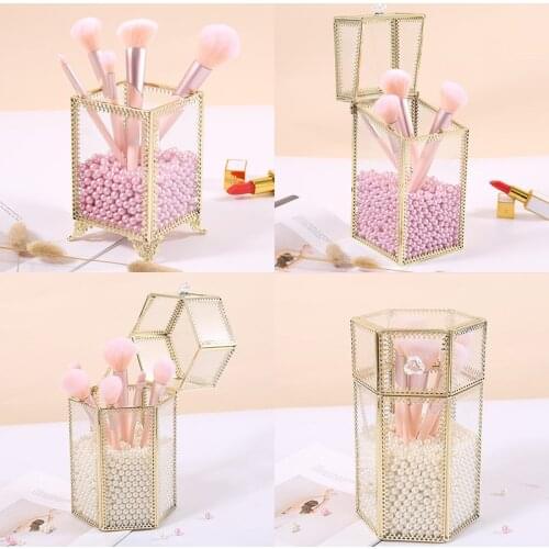 Geometric Glass Makeup Brush Box Holder Jewelry Box Pencil Bucket Makeup Organizer Desktop Cosmetic Storage Box One Pearl Barrel