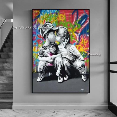 Abstract Together Love Kiss Figure Oil Painting on Canvas Posters 100% Handmade Wall Art Pictures Cuadros For Kids Living Room