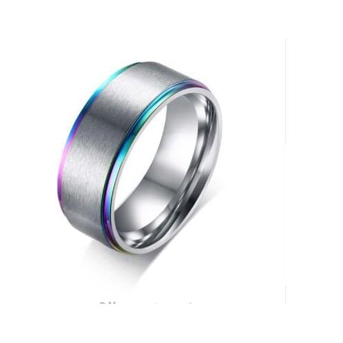 8mm silvery With Rainbow Edge Mens Wedding Band Ring Stainless Steel Classic Simple Male Jewelry Statement Alliance