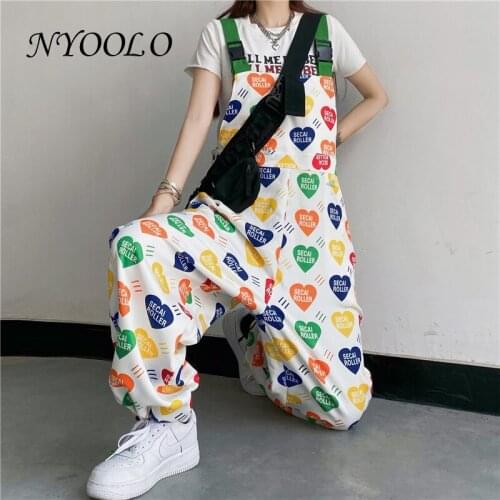 NYOOLO Harajuku Streetwear Cow Pattern Cartoon Love Print High Waist Overalls Women Casual Jumpsuit Rompers Girls Baggy Pants