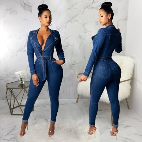 African Womens Long Sleeve Denim Overalls Sexy Deep V Neck Slim Fashion Blue Jeans Jumpsuit Casual Work Wear Female Romper