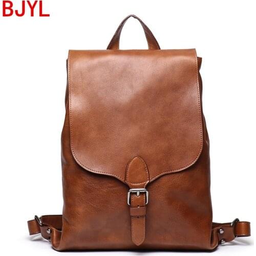 Mens first layer of vegetable tanned leather backpacks handmade black personality female backpack large capacity computer bag