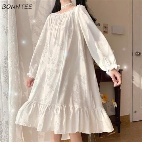Nightgowns Women Long Sleeve Spring Solid Kawaii Ruffles Lace Fashion Square Collar Simple Comfortable Elegant Teens Ulzzang New