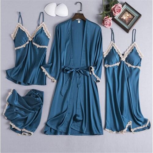 Pijamas Sexy Womens Robe&Gown Sets Lace Bathrobe + Night Dress 4 Four Pieces Sleepwear Womens Sleep Set Robe Femme Lingerie