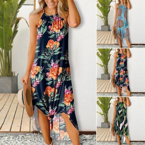 Ladies Print Floral Long Boho Bohemian Beach Summer Dress Women Sundress Sexy O-Neck Sleeveless Strap Maxi Vintage Dress Vestido