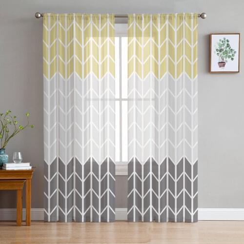 Geometric Yellow Gray Sheer Curtains for Living Room Bedroom Tulle Window Drapes for Kitchen Decoration