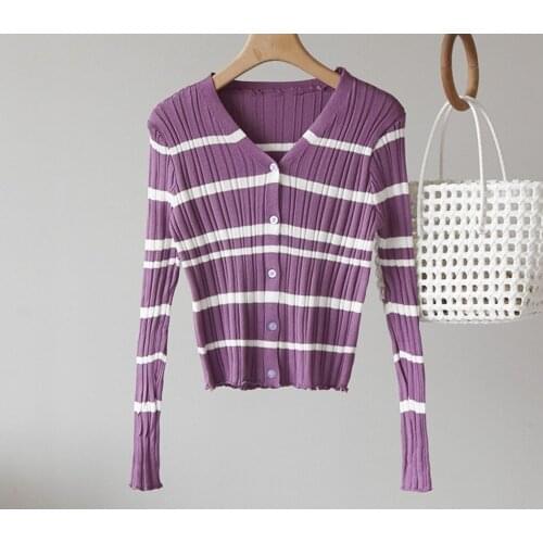 New Women Autumn Long Sleeve Sweater V-neck single-breasted striped Fashion Winter Pullover Sexy Tops Female top Jumper sweaters