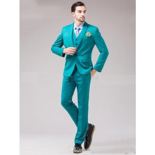 Fashiona Green Back Vent Turquoise Groom Tuxedos Notch Lapel Groomsmen Mens Wedding Tuxedos Prom Suits (Jacket+Pants+Vest+Tie)