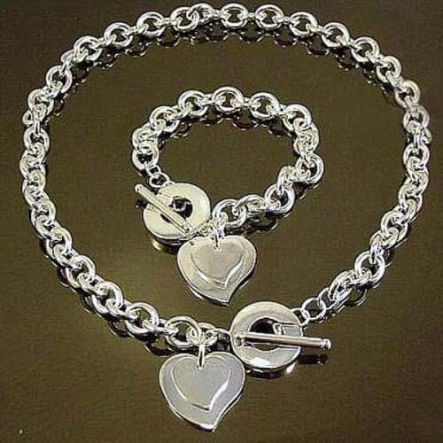 High Quality Double Heart Charm Charm Silver Color Bracelet & Necklace Jewelry Sets for Women Bijoux Wholesale Xmas Gfits