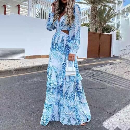 New Temperament Long Sleeve Printed Long Waist Ruffled Long Skirt 2021 Spring and Autumn Sexy Fashion Female Bohemian Long Skirt
