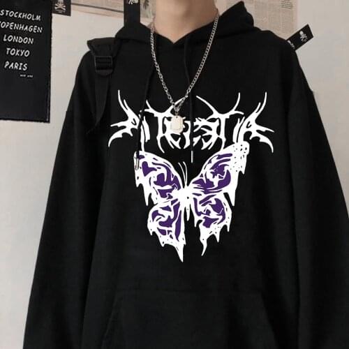 Autumn 2021 Womens Clothing Butterfly Graphic Print Ulzzang Korean Fashion Oversized Hoodie Y2K Gothic Anime Aesthetic Coat Top