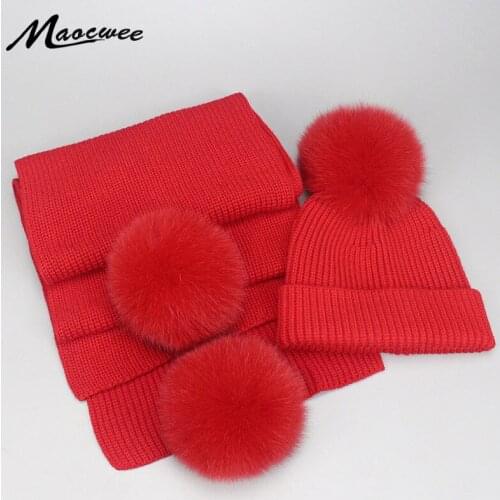 2018 Girl Fur Pom Pom Hats Women Beanies Hats Fur Pompon Hat Scarf Crochet Wool Soft Solid Red Black Snapback Hat Autumn Winter