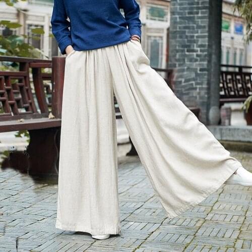 Flare Pants Women 2019 Cropped Trousers Ethnic Wide Leg Pants Elastic Waist Bottoms Female Traditional Chinese Pants TA1669