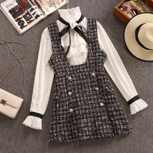 2021 Spring Autumn 2 Piece Set Overalls Dress Women Elegant Ruffles Chiffon Bow Shirt Top+Double Breasted Plaid Tweed Vest