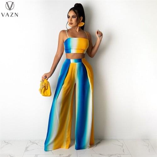 VAZN 2020 Hot Summer Blue Yellow Striped Loose Women Casual Set Tracksuit Sexy Suit 2 Piece Set Lady Sets