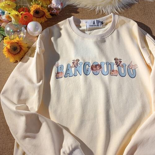 Retro Hip Hop Little Angels Letter Printing Sweatshirt Women Casual O-neck Long Sleeve Tops 2021 Autumn New Fashion Streetwear