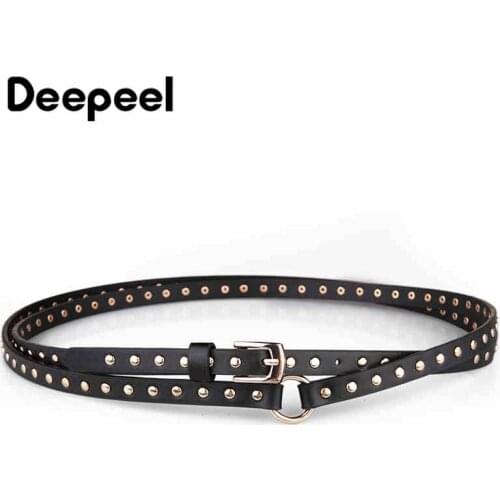 Deepeel 1.3X190/200cm Fashion Punk Black Long Round Two-ring Rivet Ladies Thin Belt PU Pin Buckles Rivets Decoration Match Jeans