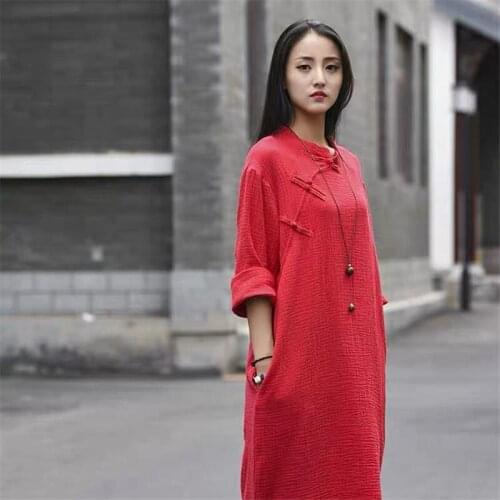 Plus size M-6XL women long sleeve Autunm dress,Chinese style stand collar casual vintage cotton linen dress,Spring maxi dresses