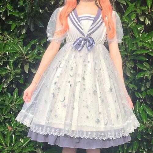 Sweet Designer Moon Print Lolita Dress Japanese Kawaii Navy Collar Bow Mesh Dress Lace Princess Dresses Elegant Retro Lady Dress