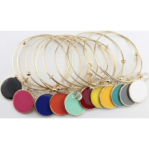 ZWPON Enamel Disc Blank Faceted Clear Glass Beads Adjustable Bangle for Engraving Monogram Initial Jewelry