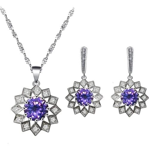 925 Silver Purple Zircon Earrings Necklace Pendant Jewelry Set Fashion Classic Business Gift JS833