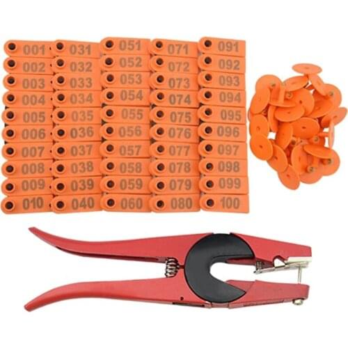 AD55 100 Plastic Cattle Cattle Ear Tag 1-100 Animal Tag and 1 Ear Tag Labeler Set for Livestock Management Marking Orange + Red