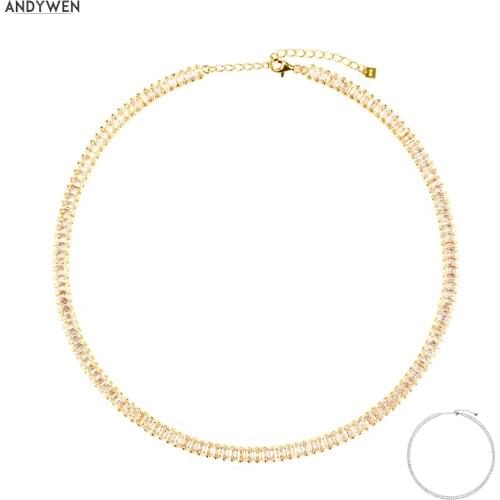 ANDYWEN 100% 925 Sterling Silver 40cm Long Chain Luxury Zircon CZ Choker Necklace Charm Pendant Zircon Jewelry Fashion Wedding
