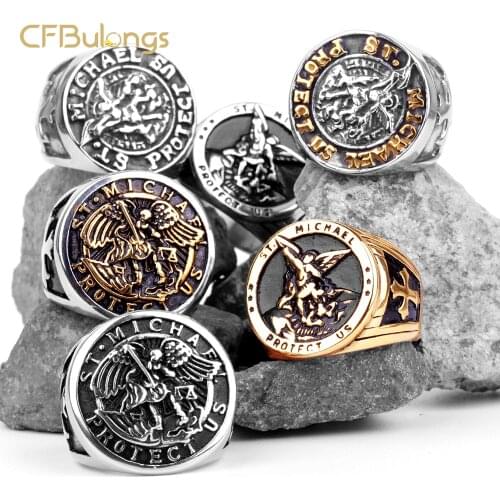 CFBulongs Vintage Stainless Steel Saint Michael Mens Ring Hip Hop Rock Lucky Amulet Religious Ring Guardian Angel Jewelry