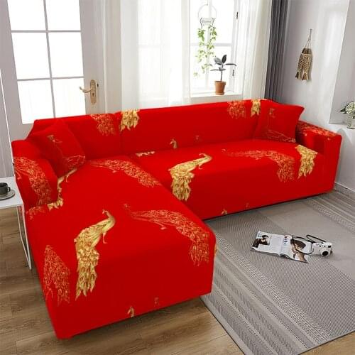 Red Print L Shape Sofa Cover for Living Room Chinese Style Sofa Protector Anti-dust Elastic Stretch Covers for Corner Sofa Cover