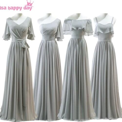 Gray long chiffon grey bridesmaid robes dress v neck girls bride maid formal dresses new arrival 2020 for weddings H4133