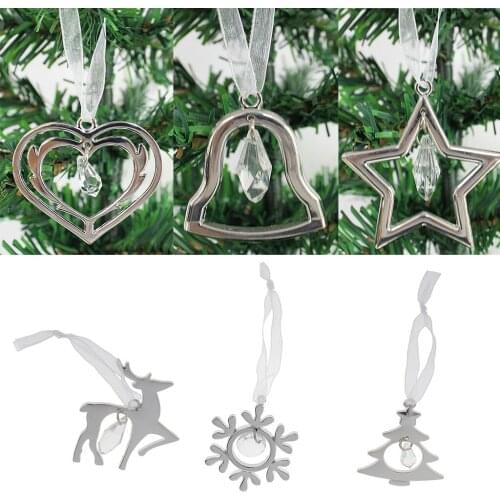 Silver Alloy Crystal Hanging Ornament with Ribbon Xmas DIY Home Tree Decorations Christmas Tree Ornament Supplies Accessories