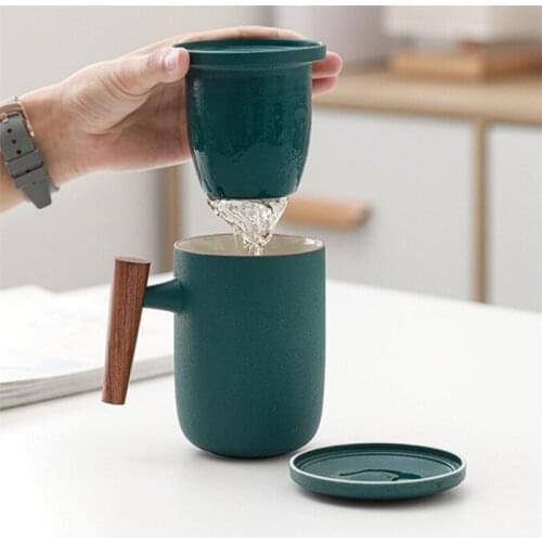 Ceramic Wooden Handle Tea Mug With Filter and Lid Creative Elegant Teapot Large Capacity Tea Water Separation Cup Office Tea Set