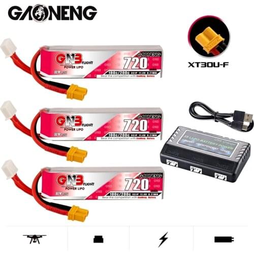 GAONENG GNB 720mAh 3S 100C/200C 11.4V HV XT30U-F Plug Lipo Battery Charger Set for RC Tinywhoop FPV Frame Kit Racing Drone