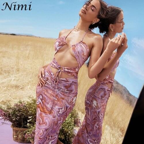 Summer Sexy Fashion Casual Women 2021 New Dresses Hollow Drawstring Halter Neck Slim Dress Drawstring Purple Print Vestidos