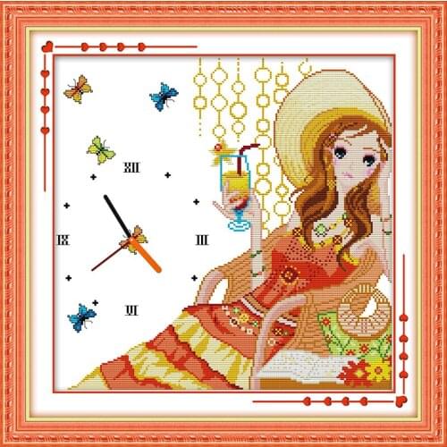 Summer tea cross stitch kit 14ct 11ct count print canvas wall clock stitching embroidery DIY handmade needlework