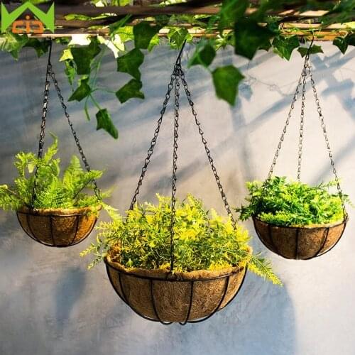 S/M/L/XL Coconut Palm Hanging Baskets Wall-mounted Iron Flower Basket Balcony Grass Planter Creative Flowers Pot Decoration