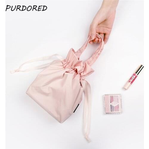 PURDORED 1 Pc Women Drawstring Cosmetic Bag Travel Makeup Organizer Bag Solid Color Make Up Storage Pouch Toiletry Beauty Kit