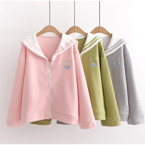Pink Fleece Cute Women Zipper Jackets 2021 Winter Full Sleeve Turndown Collar Sweet Ladies Cartoon Embroidery All Match Coat