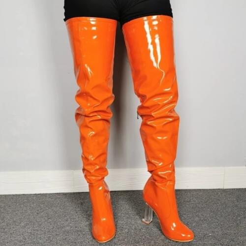 New Fashion Women Thigh High Boots Super Sexy Square High Heels Boots Round Toe Orange Club Wear Shoes Women US Size 5-10